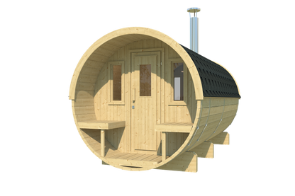 charnia 400 pro 6 person outdoor barrel sauna with terrace changing room product exterior view — view 6