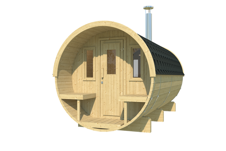 charnia 400 pro 6 person outdoor barrel sauna with terrace changing room product exterior view — view 6