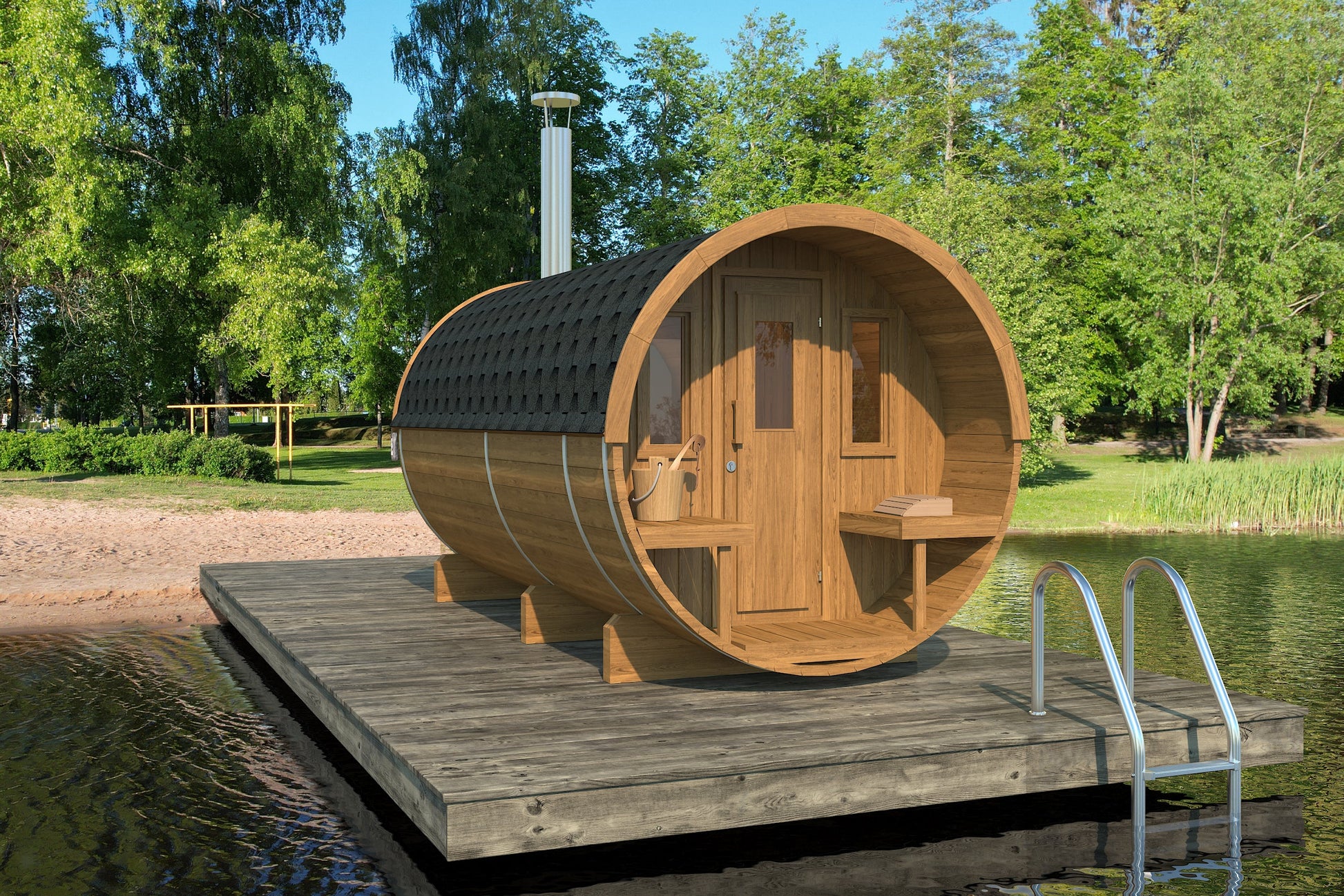 charnia 400 pro 6 person outdoor barrel sauna with terrace changing room product exterior view — view 3