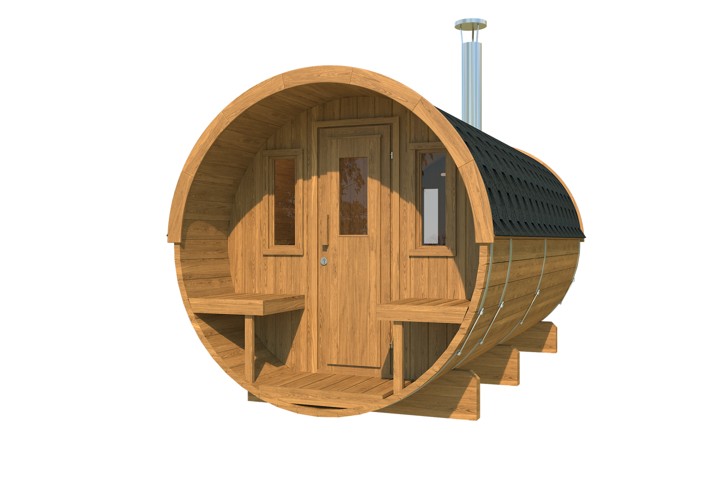 charnia 400 pro 6 person outdoor barrel sauna with terrace changing room product exterior view — view 7