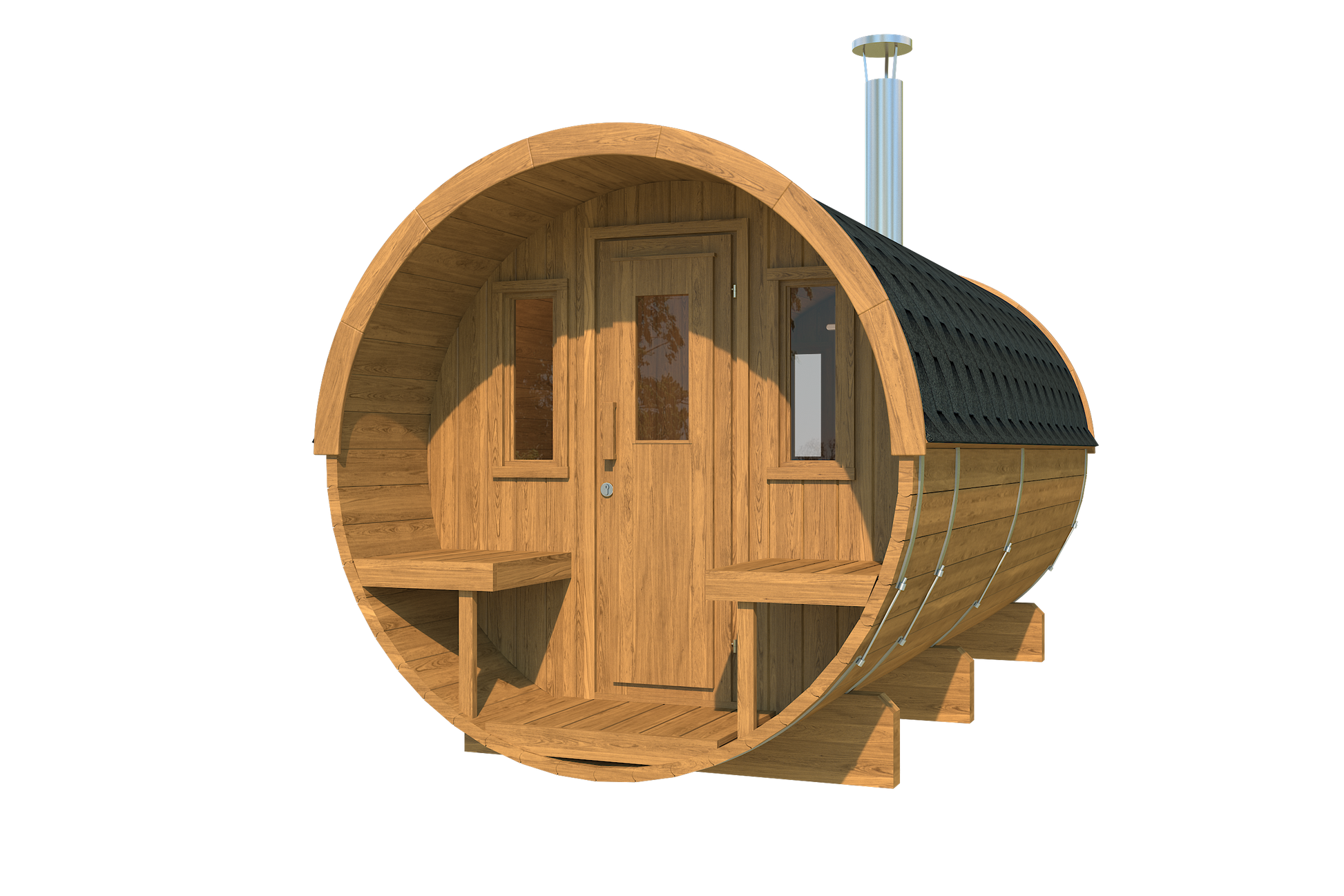 charnia 400 pro 6 person outdoor barrel sauna with terrace changing room product exterior view — view 7