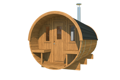 charnia 400 pro 6 person outdoor barrel sauna with terrace changing room product exterior view — view 7