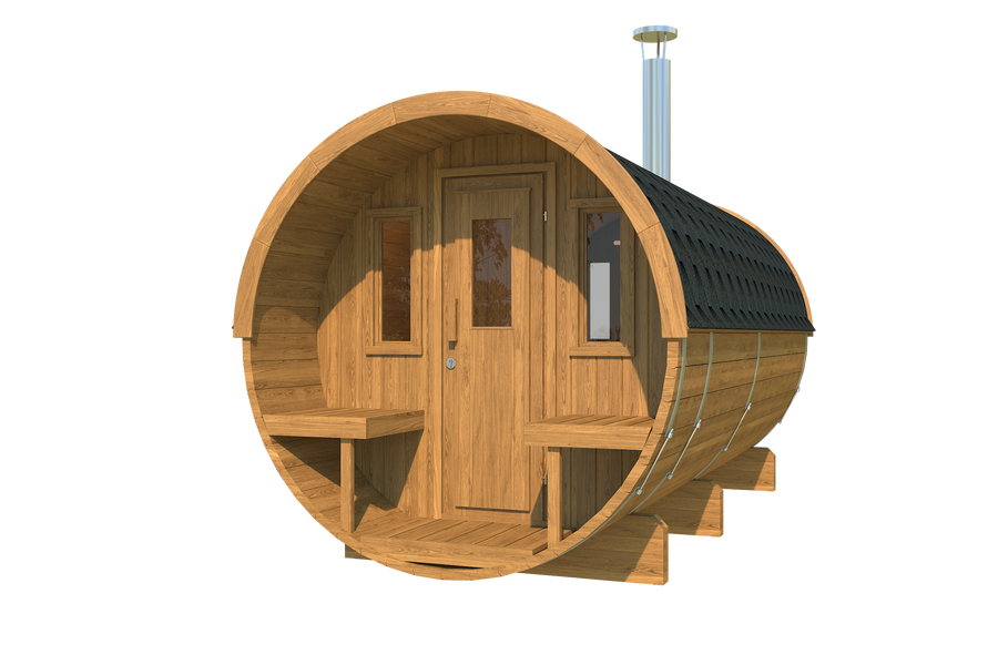 charnia 400 pro 6 person outdoor barrel sauna with terrace changing room product exterior view — view 7