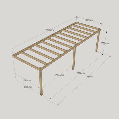 Wall Mounted Box Pergola - Rustic Brown - 1.8m Depth x 7.8m Length