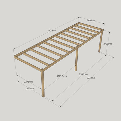 Wall Mounted Box Pergola - Rustic Brown - 2.4m Depth x 7.8m Length