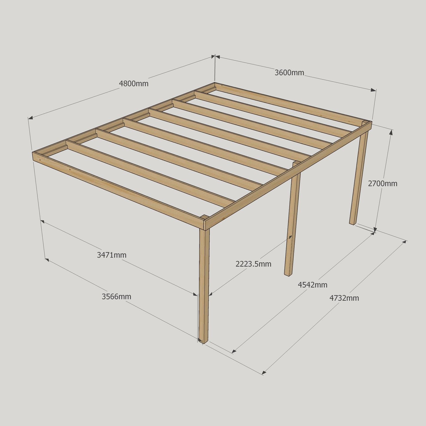 Wall Mounted Box Pergola - Rustic Brown - 3.6m Depth x 4.8m Length