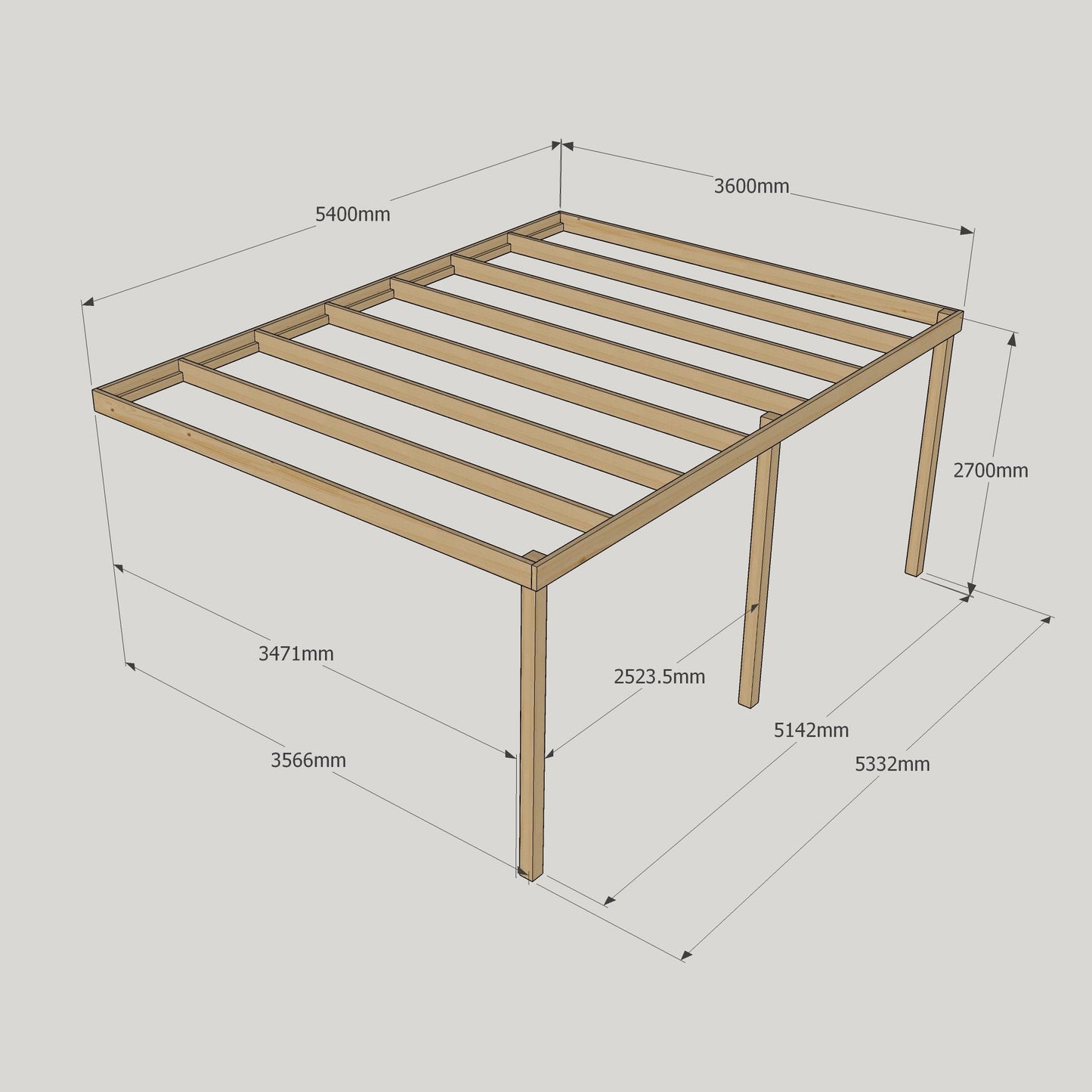 Wall Mounted Box Pergola - Rustic Brown - 3.6m Depth x 5.4m Length