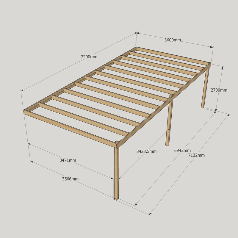 Wall Mounted Box Pergola - Rustic Brown - 3.6m Depth x 7.2m Length
