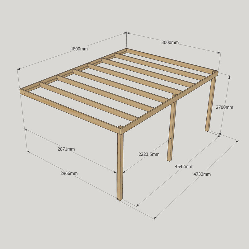 Wall Mounted Box Pergola - Rustic Brown - 3m Depth x 4.8m Length