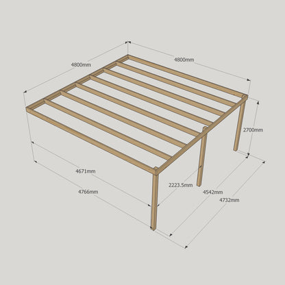 Wall Mounted Box Pergola - Rustic Brown - 4.8m Depth x 4.8m Length