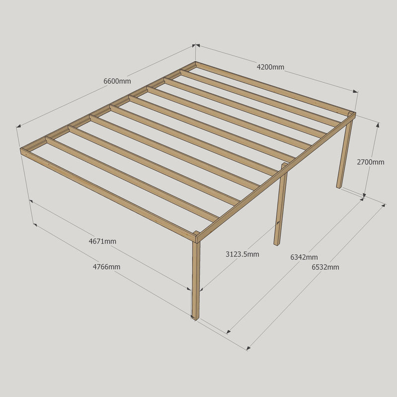Wall Mounted Box Pergola - Rustic Brown - 4.8m Depth x 6.6m Length