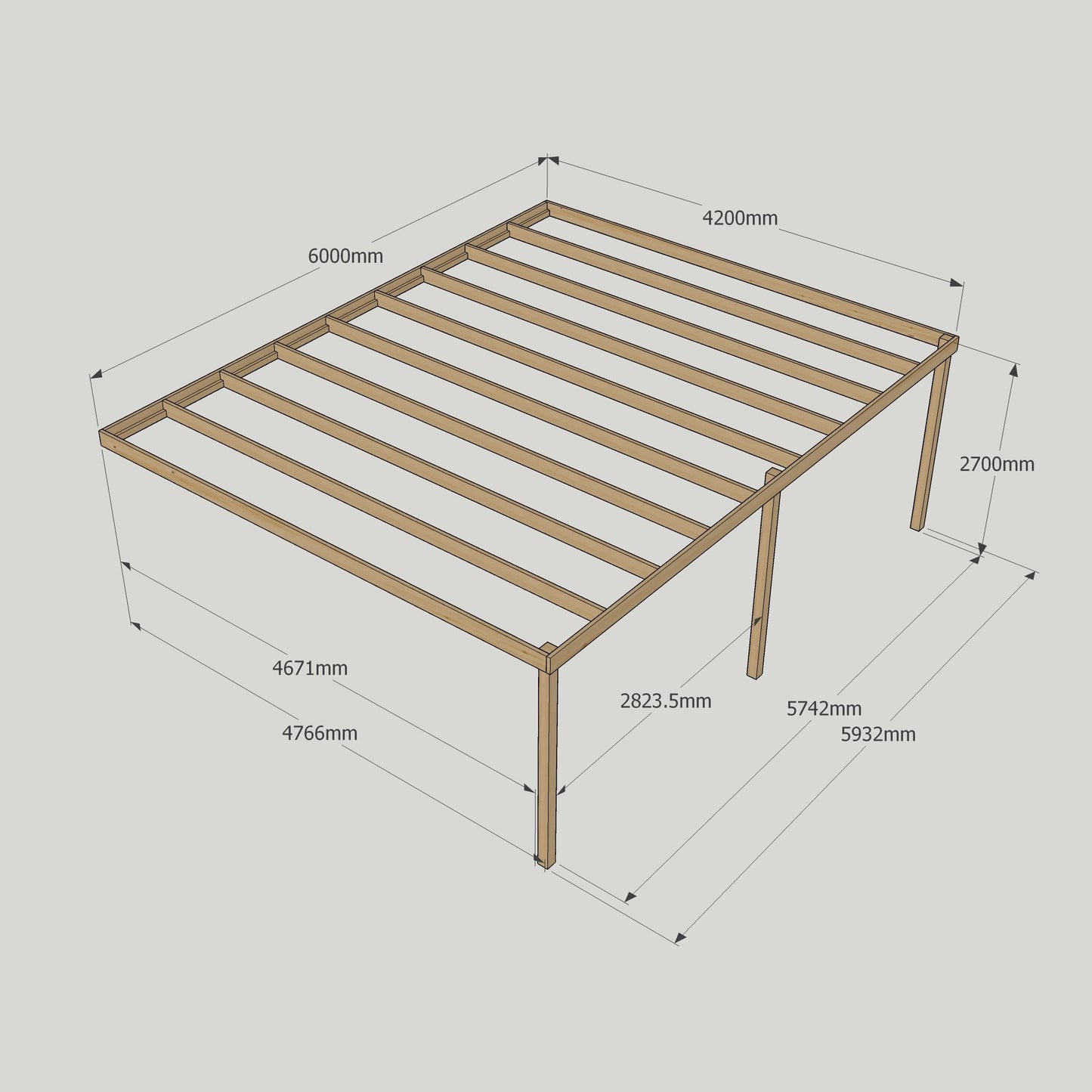 Wall Mounted Box Pergola - Rustic Brown - 4.8m Depth x 6m Length