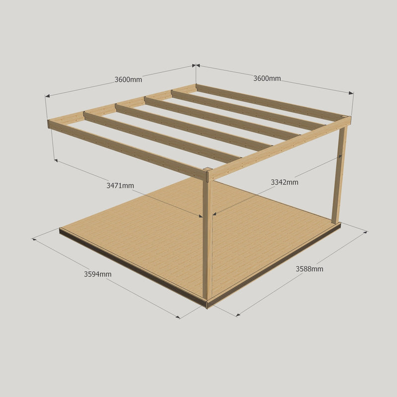 Wall Mounted Box Pergola with Decking - Light Green - 3.6m Depth x 3.6m Length