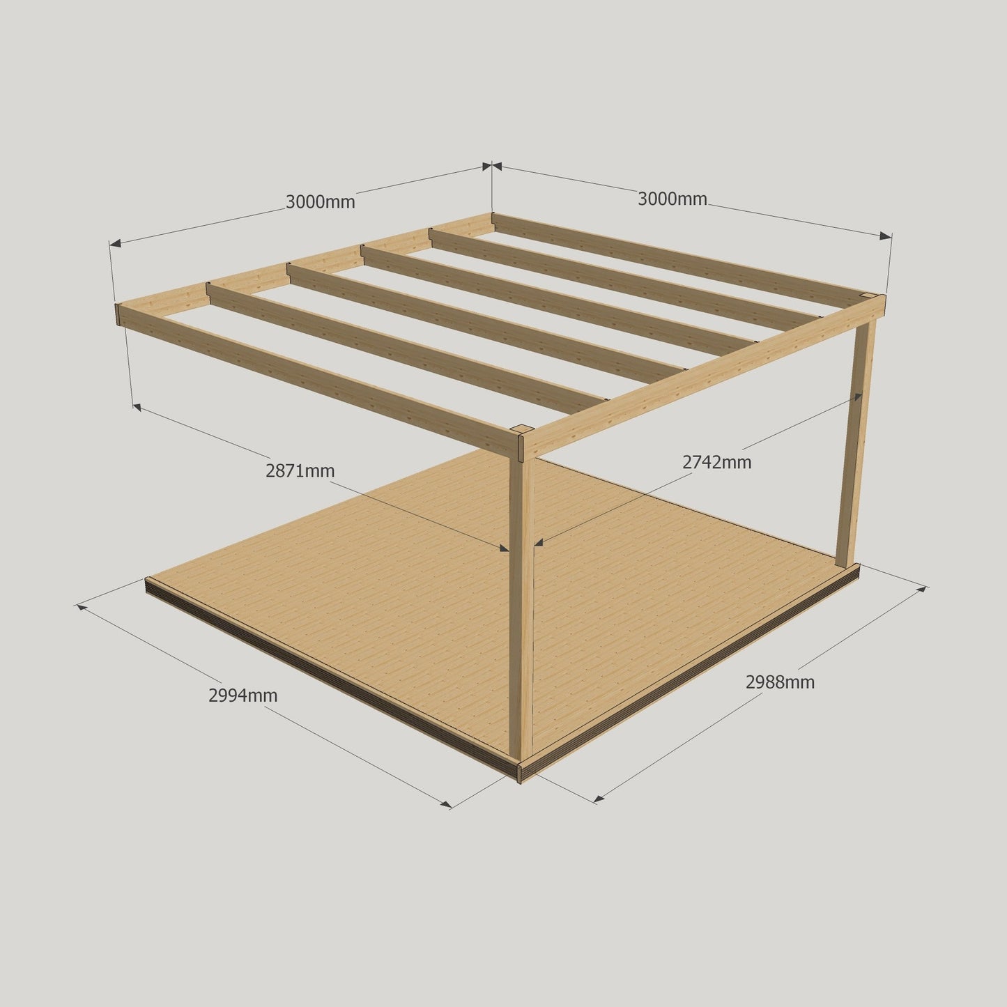 Wall Mounted Box Pergola with Decking - Light Green - 3m Depth x 3m Length