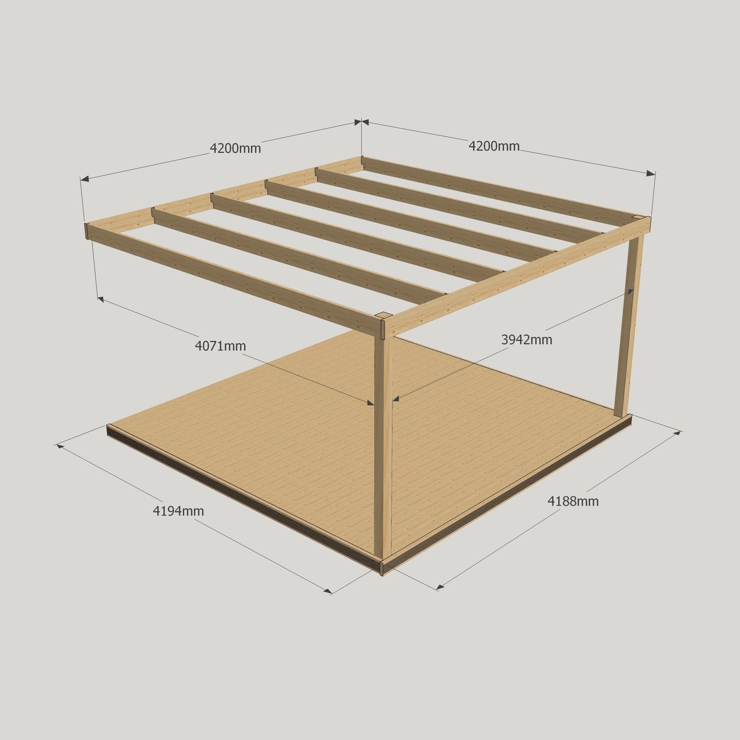 Wall Mounted Box Pergola with Decking - Light Green - 4.2m Depth x 4.2m Length