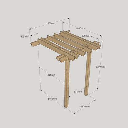 Wall Mounted Double Garden Pergola - Rustic Brown - 1.8m Depth x 1.8m Length