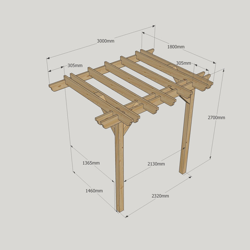Wall Mounted Double Garden Pergola - Rustic Brown - 1.8m Depth x 3m Length