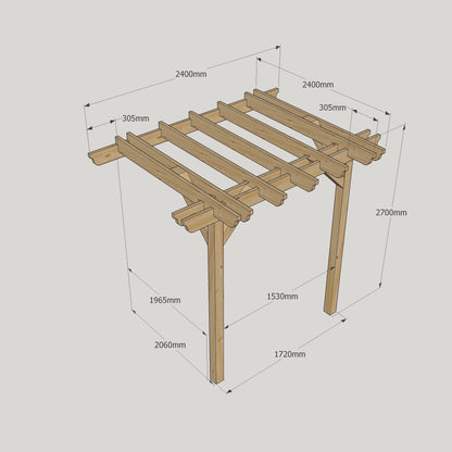 Wall Mounted Double Garden Pergola - Rustic Brown - 2.4m Depth x 2.4m Length