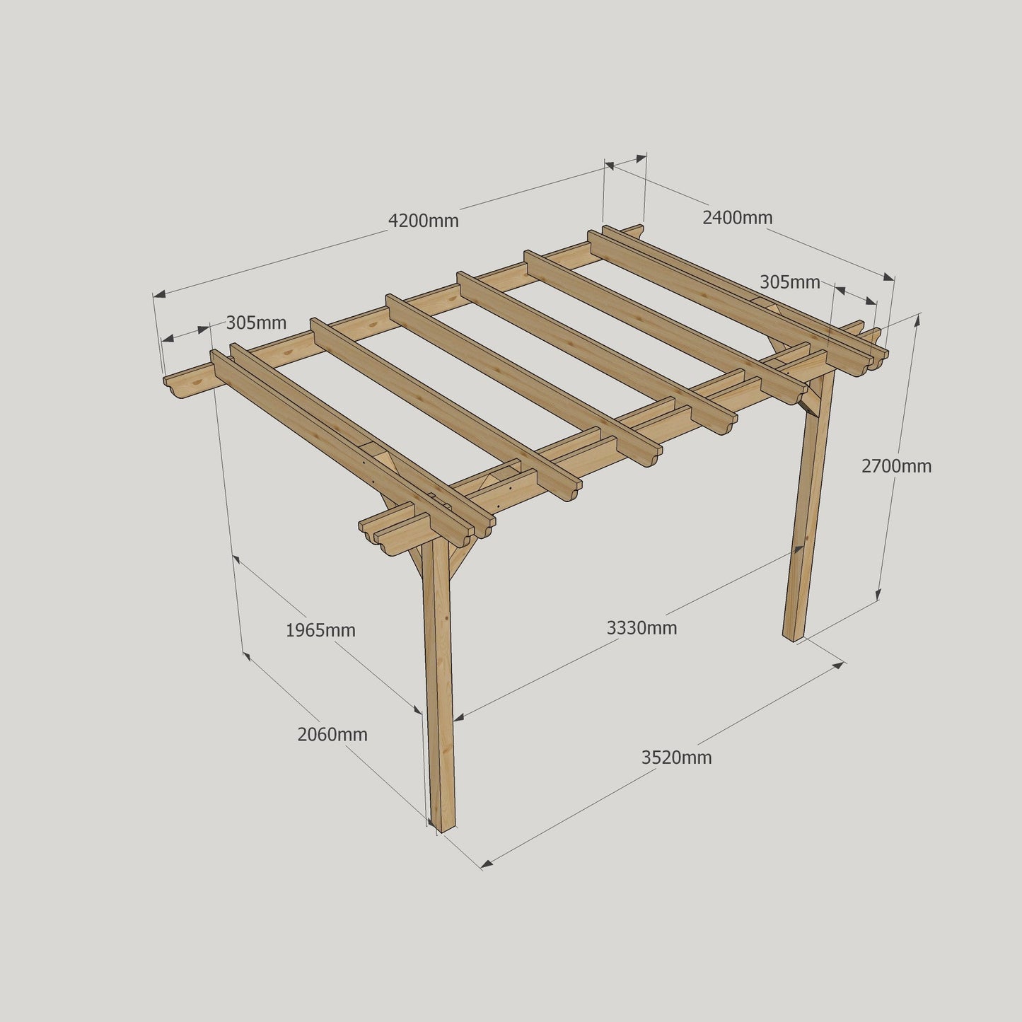 Wall Mounted Double Garden Pergola - Rustic Brown - 2.4m Depth x 4.2m Length
