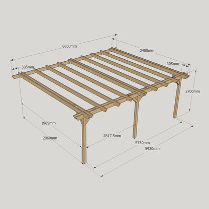 Wall Mounted Double Garden Pergola - Rustic Brown - 2.4m Depth x 6.6m Length
