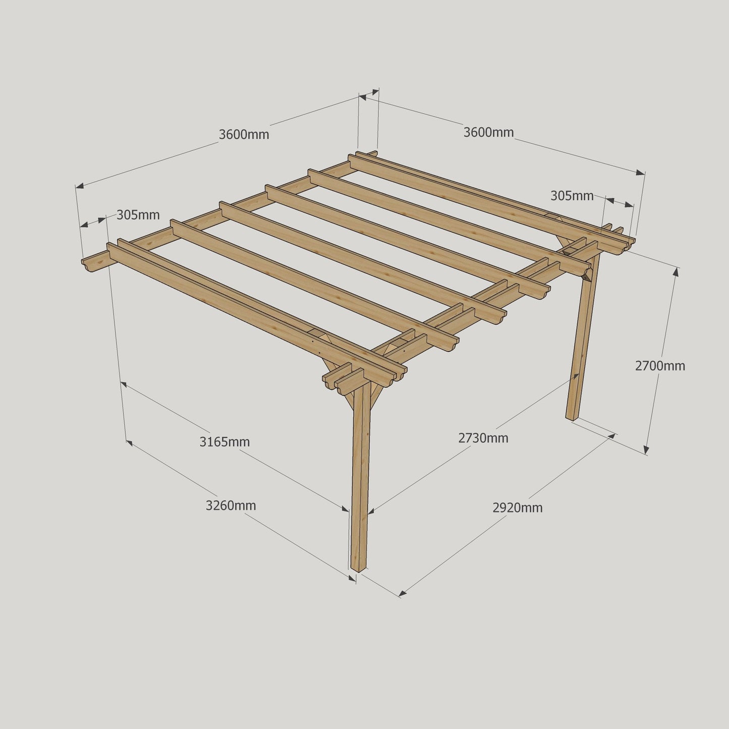 Wall Mounted Double Garden Pergola - Rustic Brown - 3.6m Depth x 3.6m Length