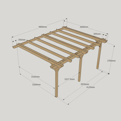 Wall Mounted Double Garden Pergola - Rustic Brown - 3.6m Depth x 4.8m Length