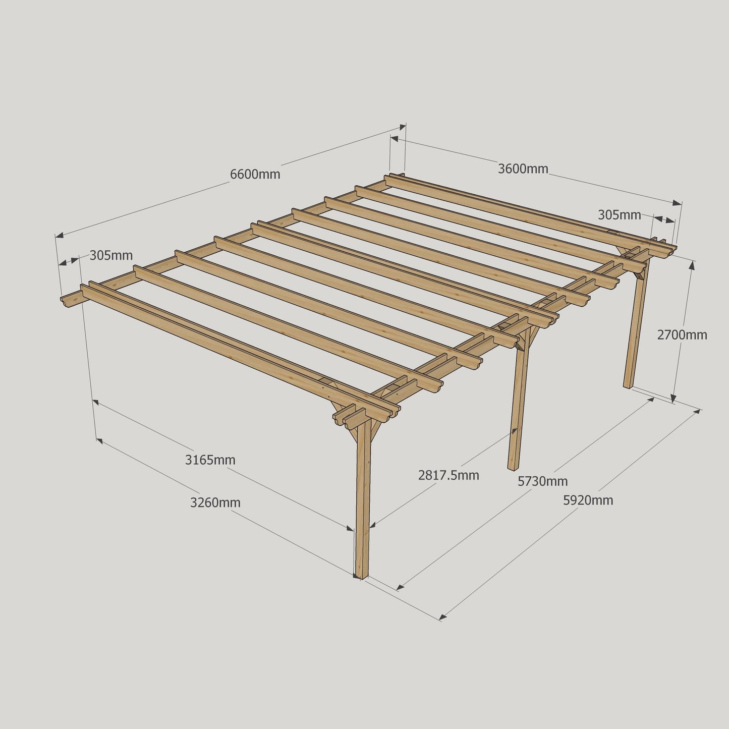 Wall Mounted Double Garden Pergola - Rustic Brown - 3.6m Depth x 6.6m Length