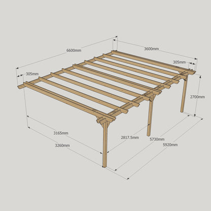 Wall Mounted Double Garden Pergola - Rustic Brown - 3.6m Depth x 6.6m Length