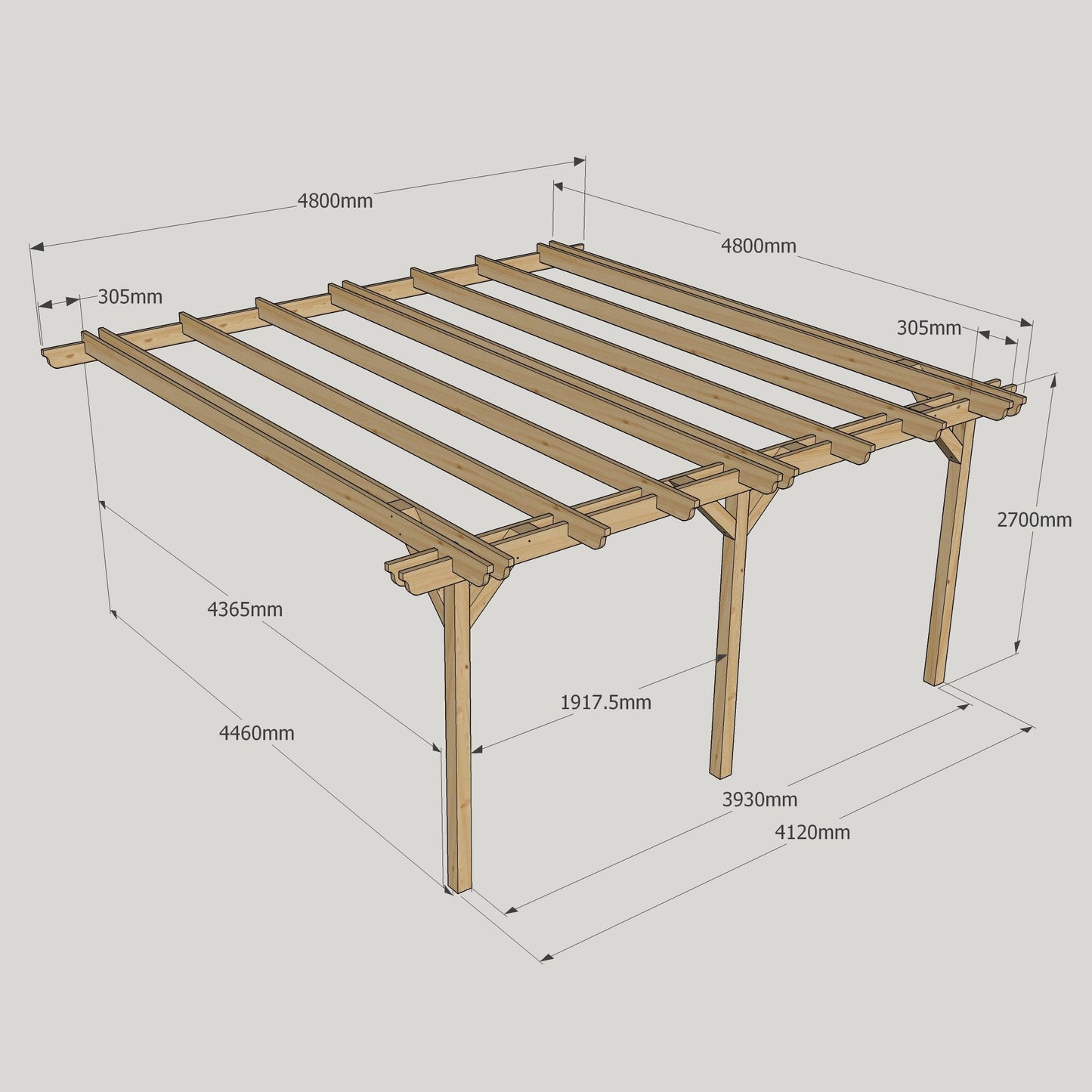 Wall Mounted Double Garden Pergola - Rustic Brown - 4.8m Depth x 4.8m Length