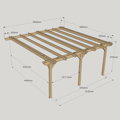 Wall Mounted Double Garden Pergola - Rustic Brown - 4.8m Depth x 4.8m Length