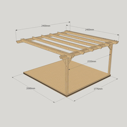 Wall Mounted Double Garden Pergola with Decking - Rustic Brown - 2.4m Depth x 2.4m Length