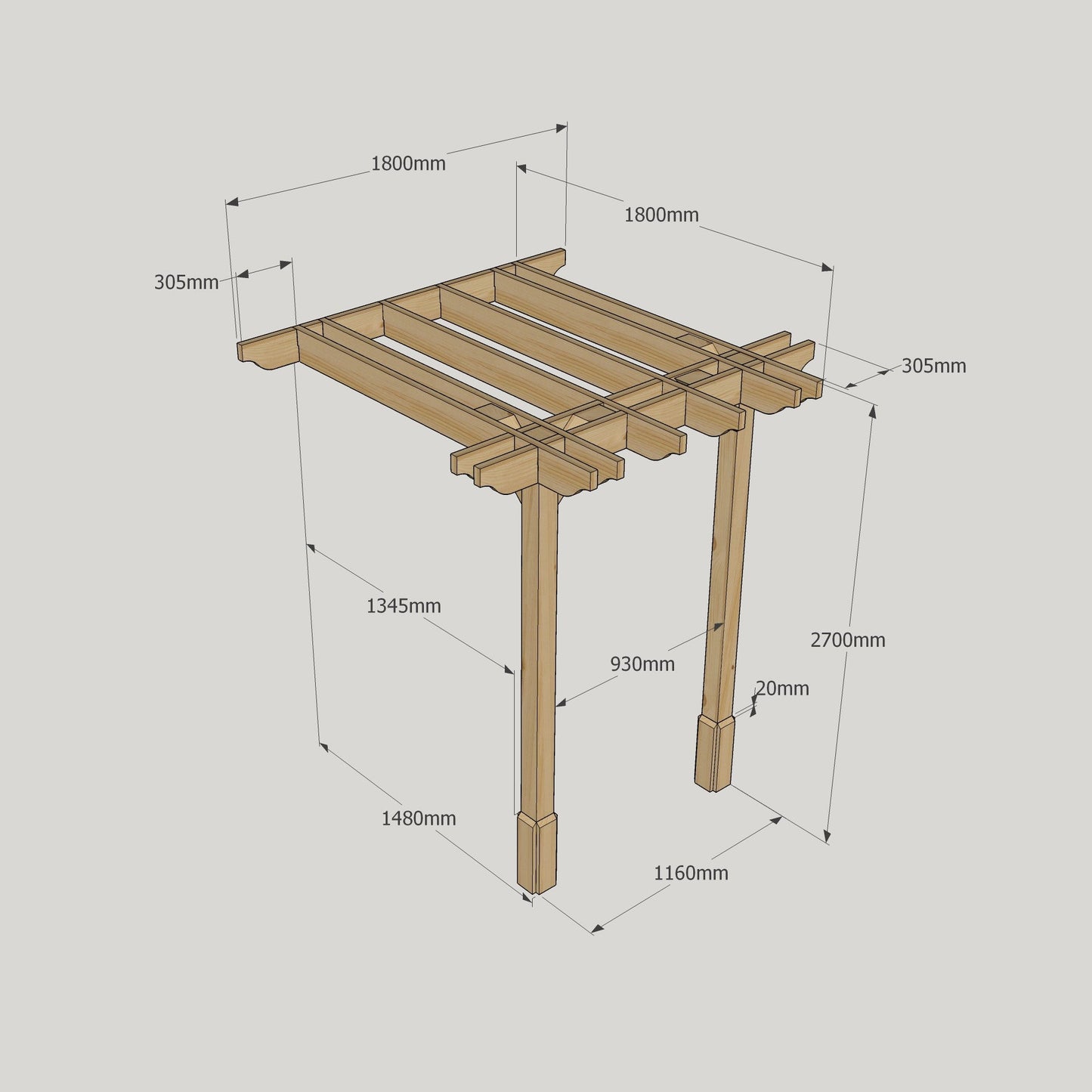 Wall Mounted Double Premium Pergola - Rustic Brown - 1.8m Depth x 1.8m Length