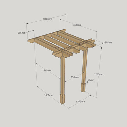 Wall Mounted Double Premium Pergola - Rustic Brown - 1.8m Depth x 1.8m Length