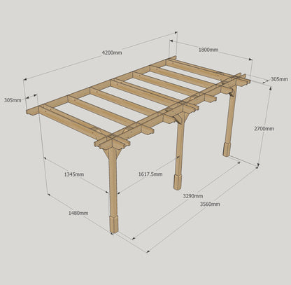 Wall Mounted Double Premium Pergola - Rustic Brown - 1.8m Depth x 4.2m Length