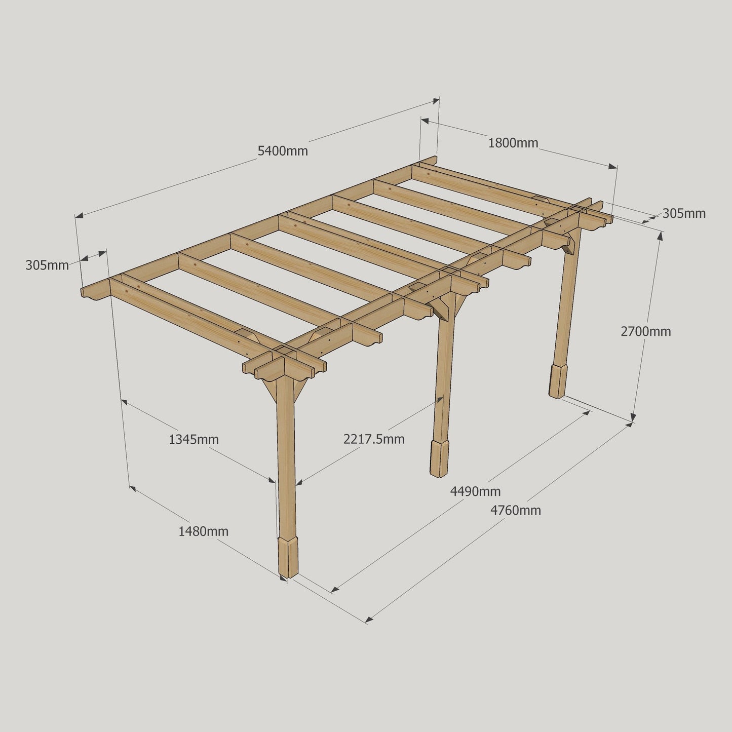 Wall Mounted Double Premium Pergola - Rustic Brown - 1.8m Depth x 5.4m Length