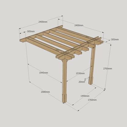 Wall Mounted Double Premium Pergola - Rustic Brown - 2.4m Depth x 2.4m Length