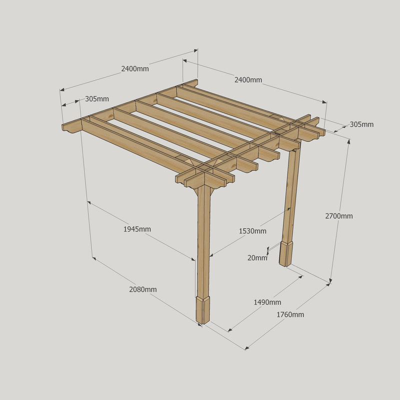 Wall Mounted Double Premium Pergola - Rustic Brown - 2.4m Depth x 2.4m Length