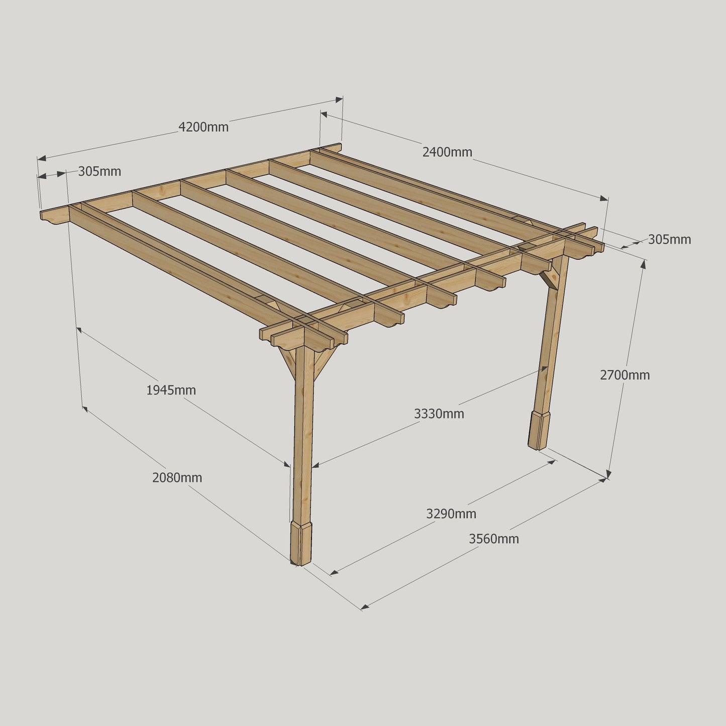 Wall Mounted Double Premium Pergola - Rustic Brown - 2.4m Depth x 4.2m Length