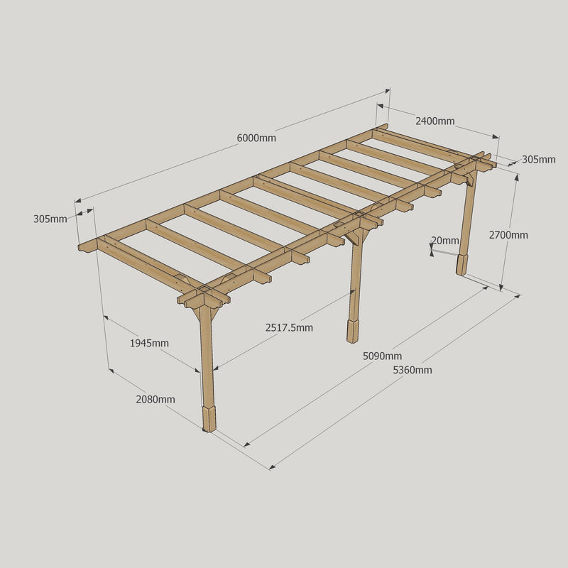 Wall Mounted Double Premium Pergola - Rustic Brown - 2.4m Depth x 6m Length