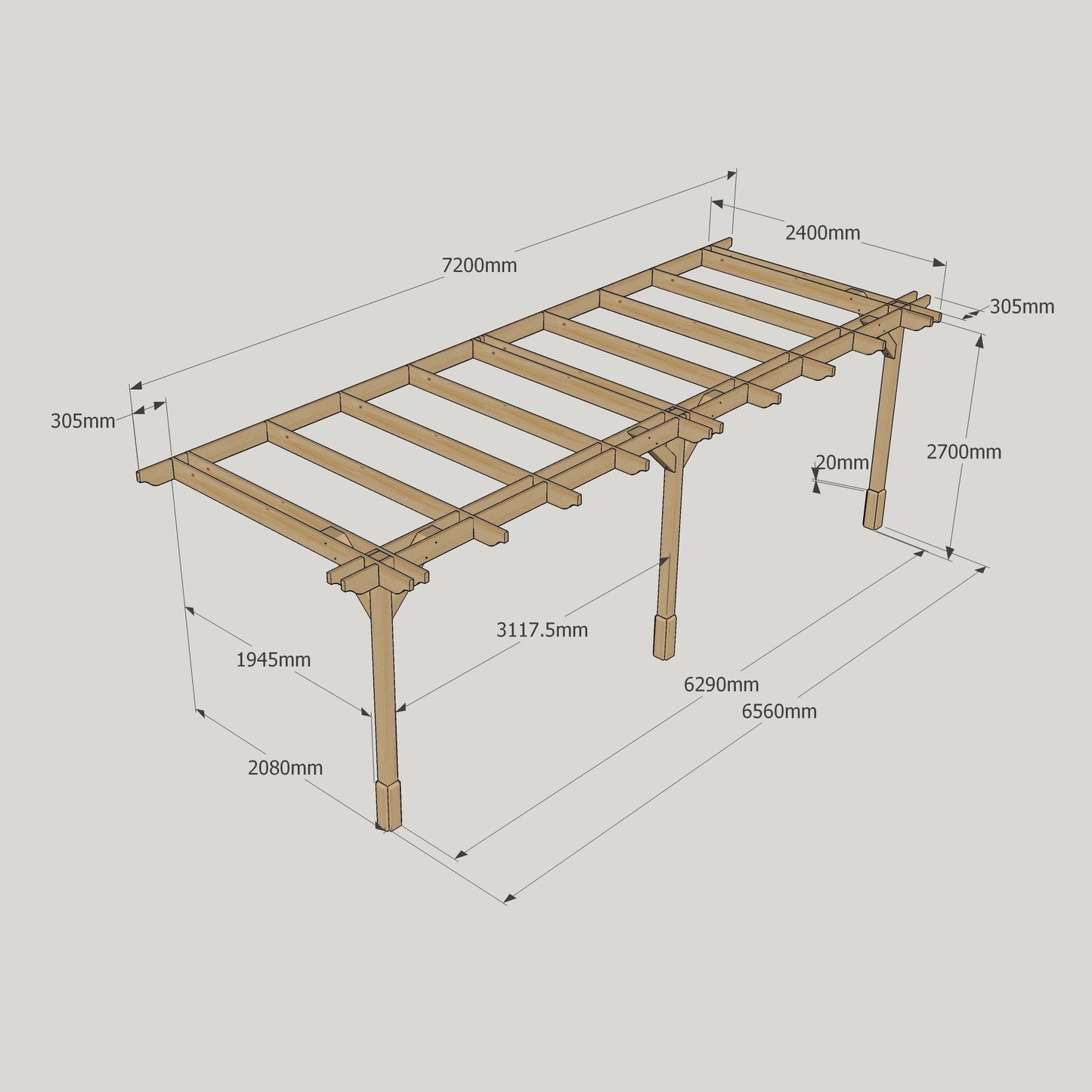 Wall Mounted Double Premium Pergola - Rustic Brown - 2.4m Depth x 7.2m Length