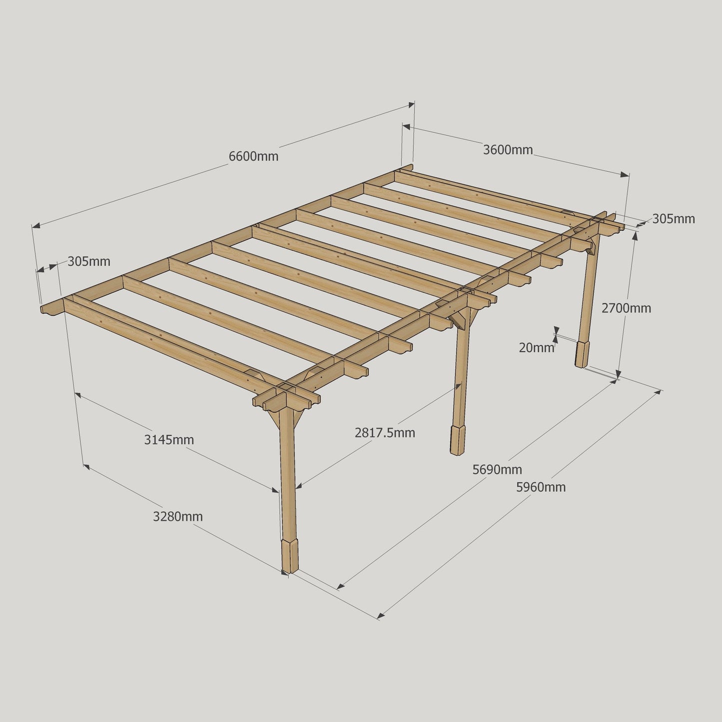 Wall Mounted Double Premium Pergola - Rustic Brown - 3.6m Depth x 6.6m Length