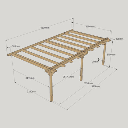 Wall Mounted Double Premium Pergola - Rustic Brown - 3.6m Depth x 6.6m Length