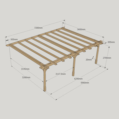Wall Mounted Double Premium Pergola - Rustic Brown - 3.6m Depth x 7.2m Length