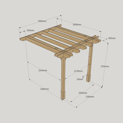 Wall Mounted Double Premium Pergola - Rustic Brown - 3m Depth x 3m Length