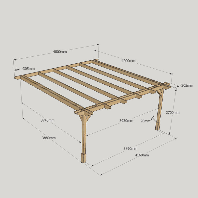 Wall Mounted Double Premium Pergola - Rustic Brown - 4.2m Depth x 4.8m Length