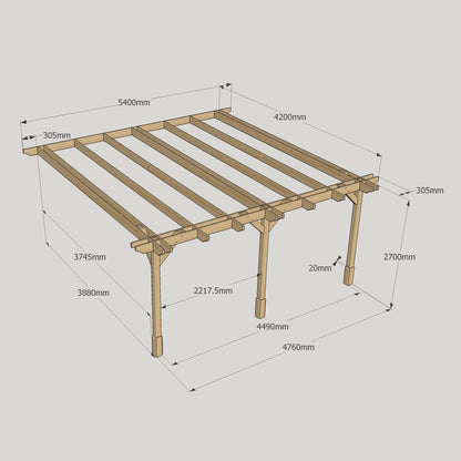 Wall Mounted Double Premium Pergola - Rustic Brown - 4.2m Depth x 5.4m Length
