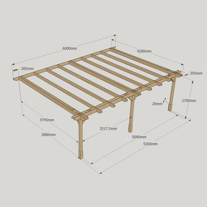 Wall Mounted Double Premium Pergola - Rustic Brown - 4.2m Depth x 6m Length