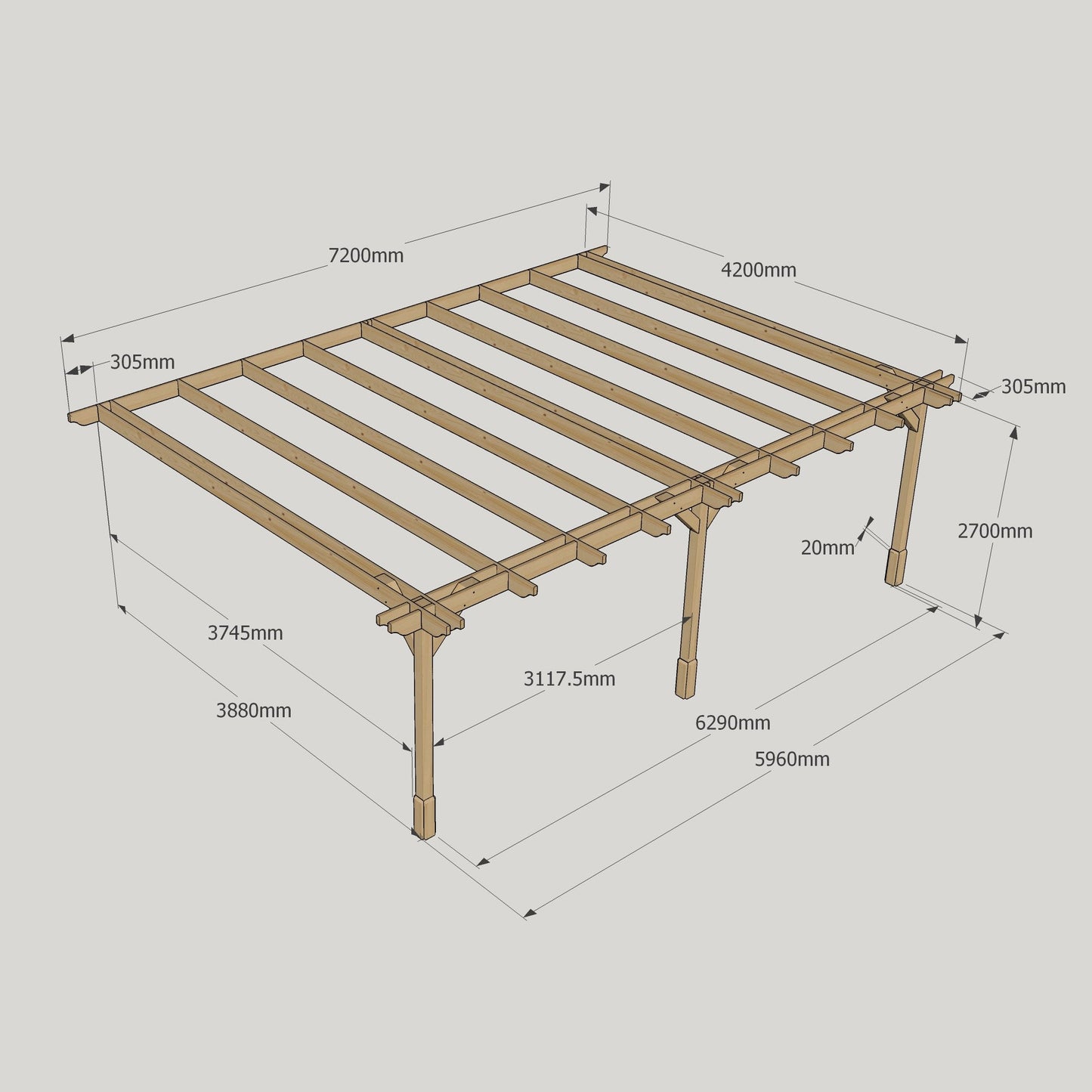 Wall Mounted Double Premium Pergola - Rustic Brown - 4.2m Depth x 7.2m Length