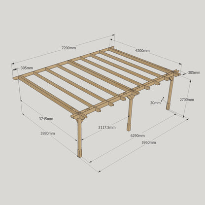 Wall Mounted Double Premium Pergola - Rustic Brown - 4.2m Depth x 7.2m Length