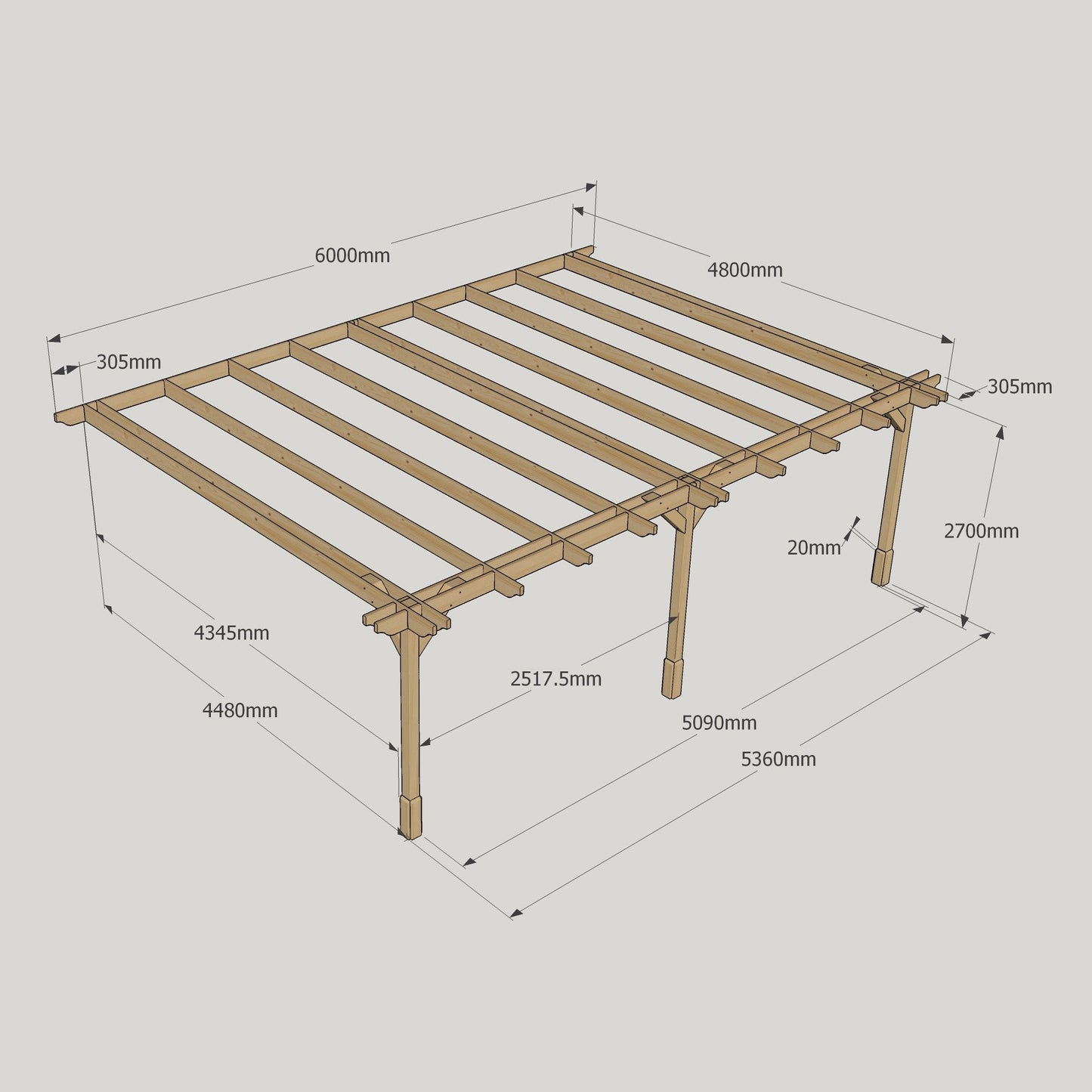 Wall Mounted Double Premium Pergola - Rustic Brown - 4.8m Depth x 6m Length